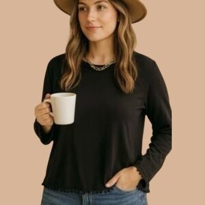 JOHNNY WAS CALME Bamboo & Organic Cotton Blend Long Sleeve Tee PomPom Trim Sz L